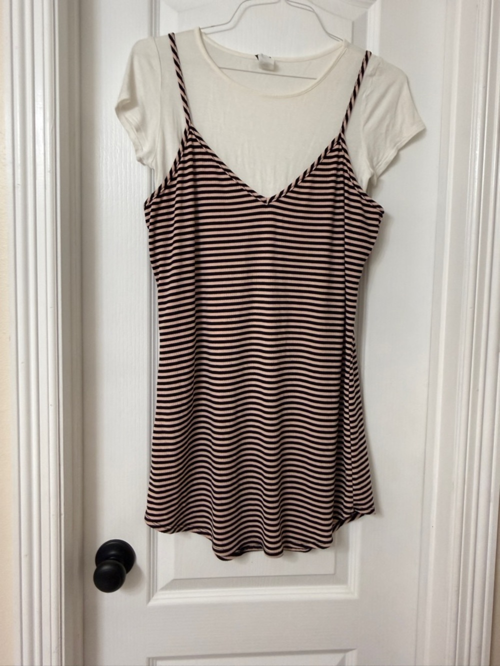 Banabee black pink striped ribbed spaghetti strap dress layered white t-shirt L